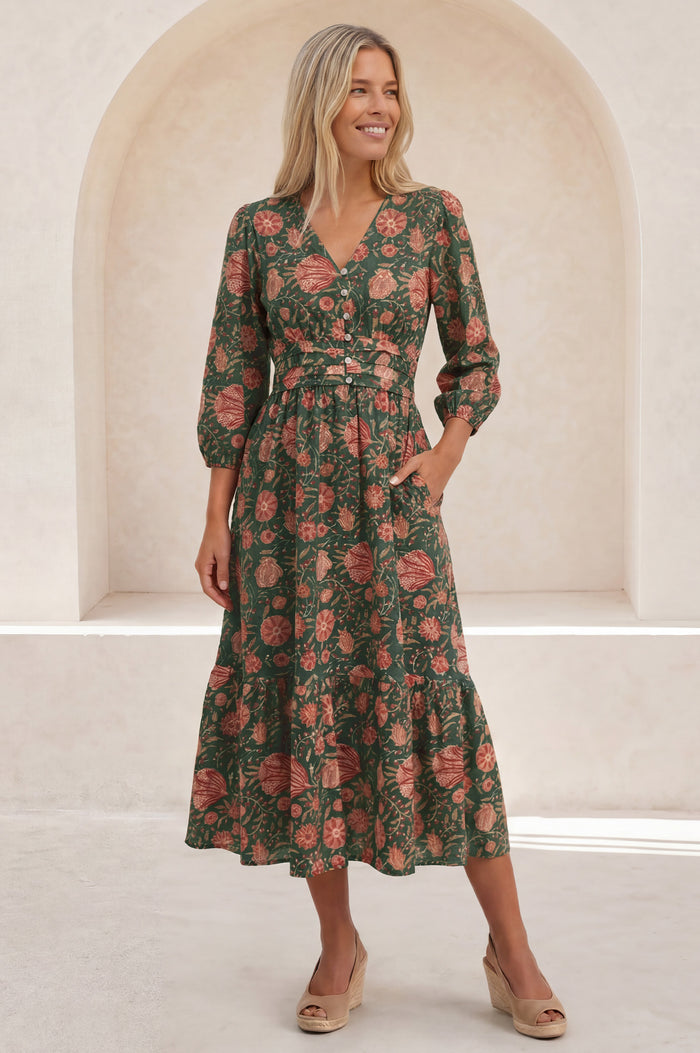 Jyoti Cotton Midi Dress | Khaki/Orange