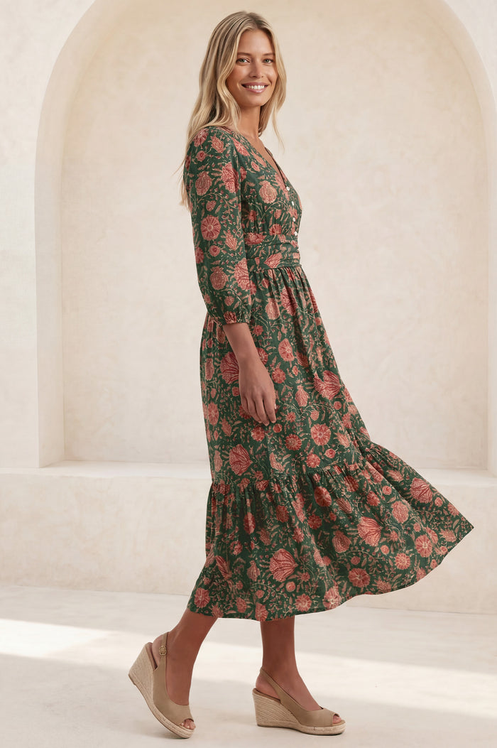 Jyoti Cotton Midi Dress | Khaki/Orange