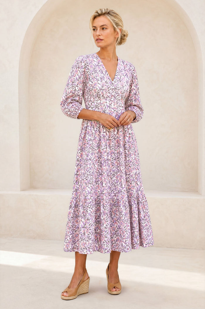 Jyoti Cotton Midi Dress | White/Green/Pink/Sage