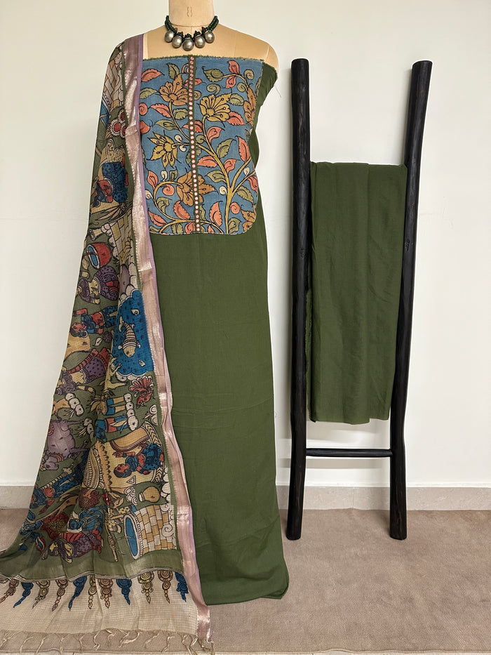 Kalamkari Mirrorwork Cotton Kurta Set - Olive Green
