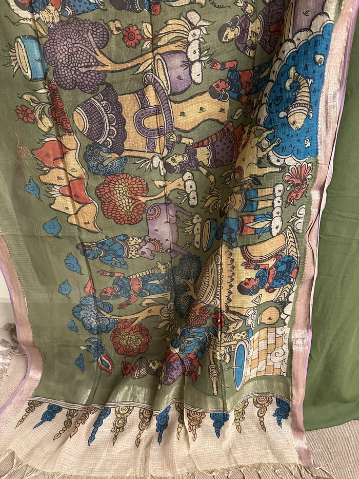 Kalamkari Mirrorwork Cotton Kurta Set - Olive Green