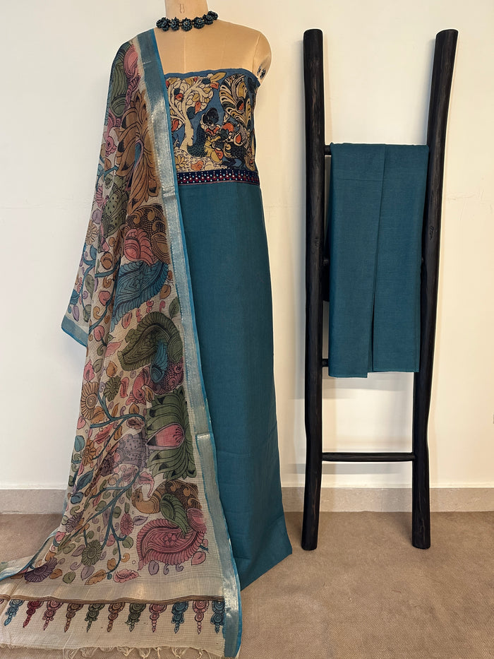 Kalamkari Mirrorwork Cotton Kurta Set - Peacock Blue