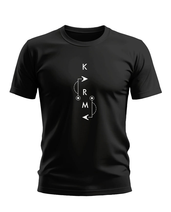 Black men's t-shirt with vertical graphic and white geometric KARM lettering design