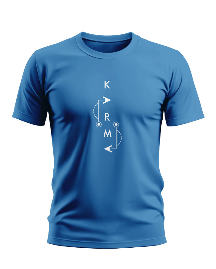 Blue men's t-shirt with vertical white KARMA text and geometric print, casual style