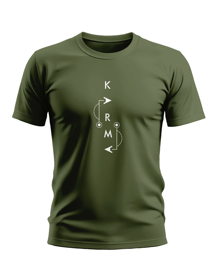 Olive green men's t-shirt with white geometric 'KARM' vertical graphic on front
