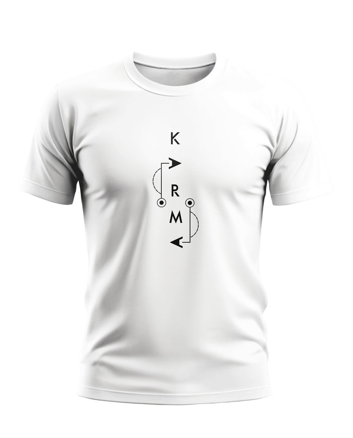 White men's t-shirt with black graphic text KARM and arrow design, front view