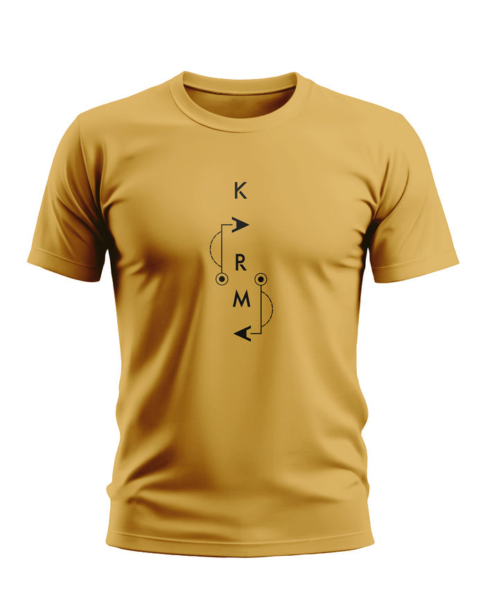 Yellow men's t-shirt with minimal KARM graphic design on front, short sleeves, crew neck