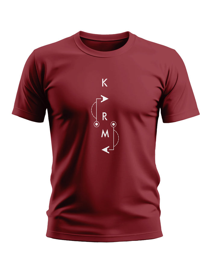 Maroon men's t-shirt with white KRM graphic and arrow design, displayed on plain background