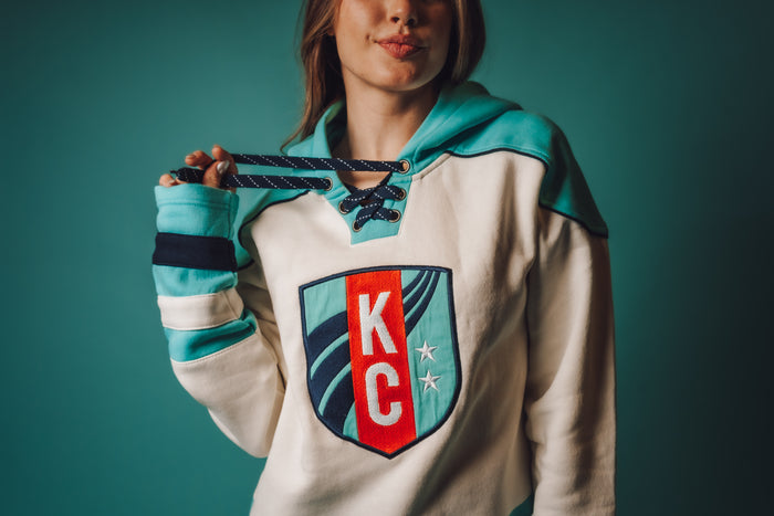 Unisex Teal Hockey Stripe Hoodie on Model