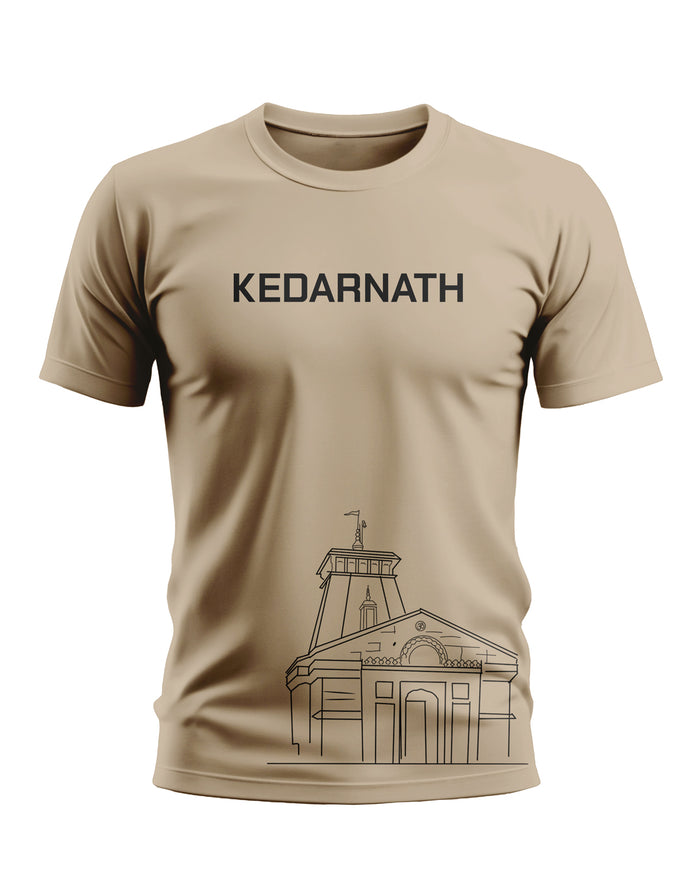 Beige men's t-shirt with 'KEDARNATH' text and line art of Kedarnath Temple on front