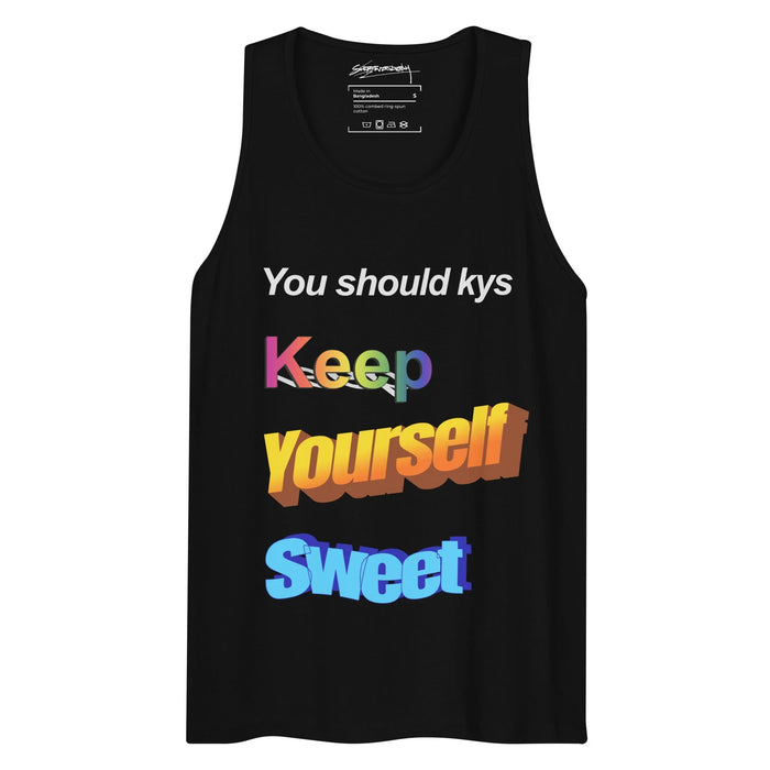 Keep Yourself Sweet Men's Tank - The jarring juxtaposition of the clinical white "You should kys" lead-in against the exuberant, multi-colored WordArt stack featuring the neon magenta (#FF00FF) to forest green (#228B22) gradient "Keep," the marigold yellow (#FFC107) to burnt orange (#CC5500) extruded "Yourself," and the cyan sky blue (#00BFFF) with indigo violet (#4B0082) drop shadow "Sweet."