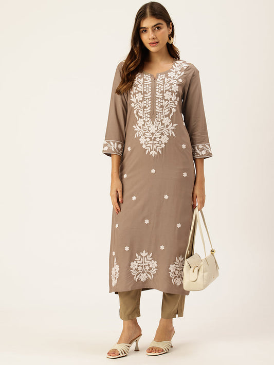 Khaki Floral Embroidered Straight Kurta