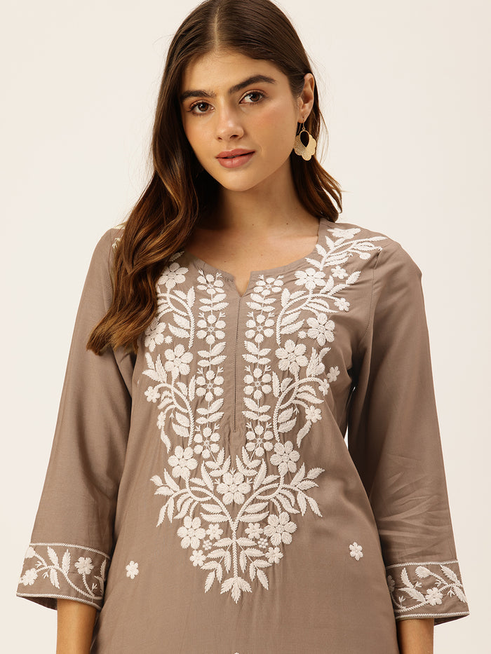 Khaki Floral Embroidered Straight Kurta