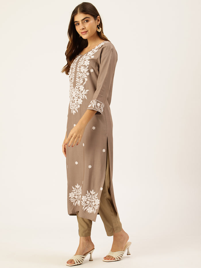 Khaki Floral Embroidered Straight Kurta