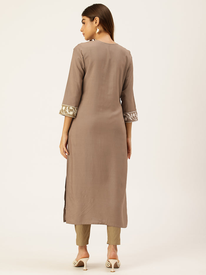 Khaki Floral Embroidered Straight Kurta