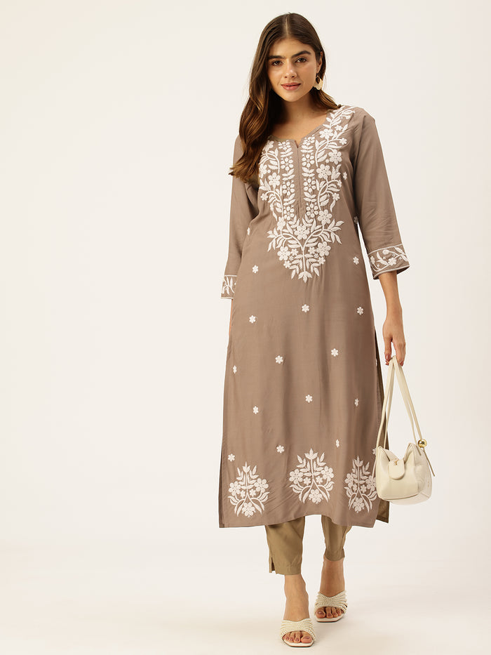 Khaki Floral Embroidered Straight Kurta
