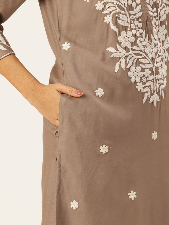 Khaki Floral Embroidered Straight Kurta