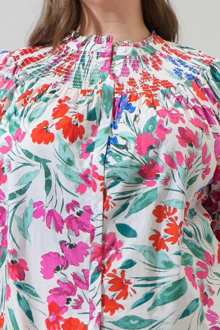 Kivia Blossom Smocked Mock Neck Top Curve