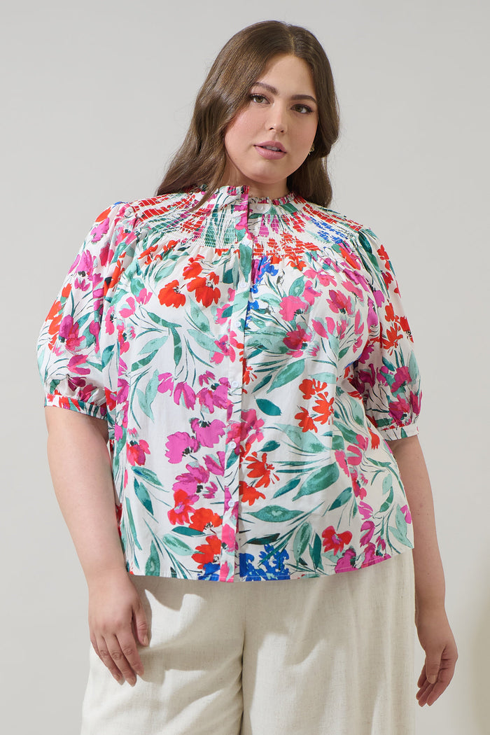 Kivia Blossom Smocked Mock Neck Top Curve