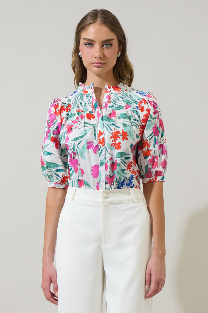 Kivia Blossom Smocked Mock Neck Top
