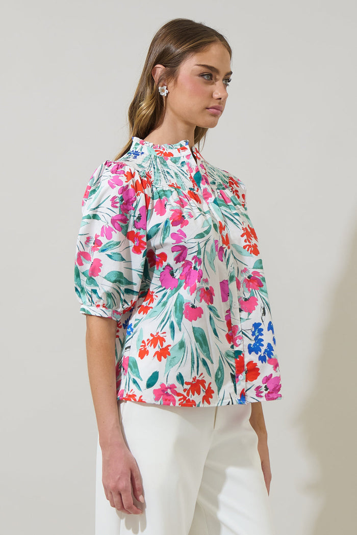 Kivia Blossom Smocked Mock Neck Top