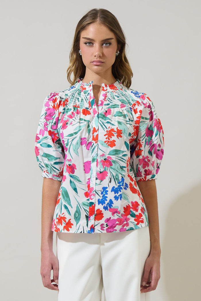 Kivia Blossom Smocked Mock Neck Top