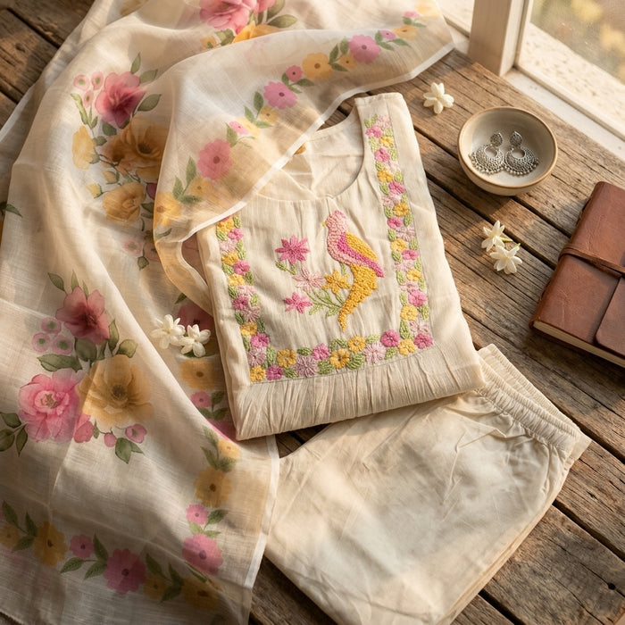Knot emb pure cotton suit set