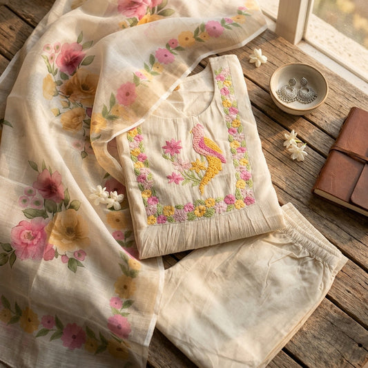 Knot emb pure cotton suit set