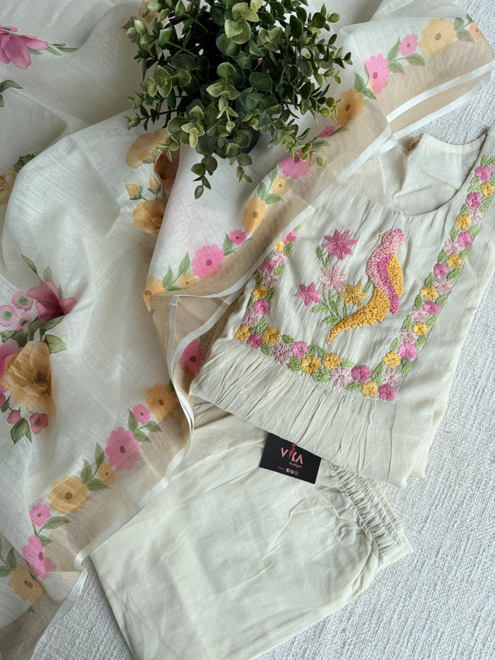 Knot emb pure cotton suit set