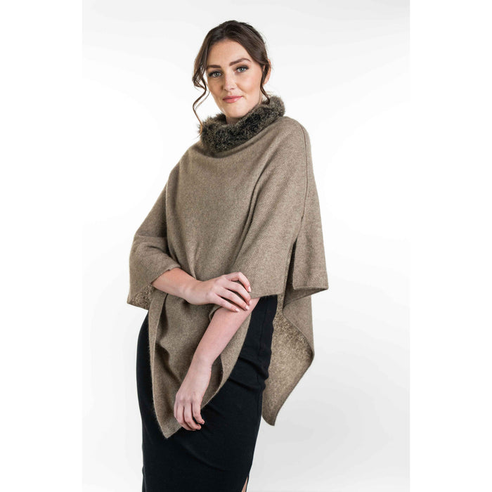 Koru Merino - Possum Fur Trim Zip Poncho (KO523)Mocha