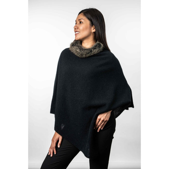 Koru Merino - Possum Fur Trim Zip Poncho (KO523)Black