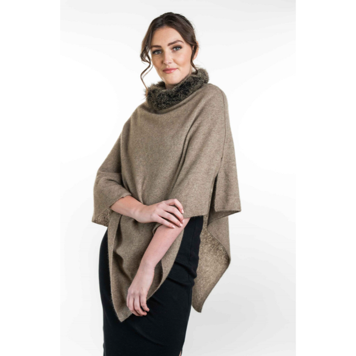 Koru Merino - Possum Fur Trim Zip Poncho (KO523) Mocha/snow
