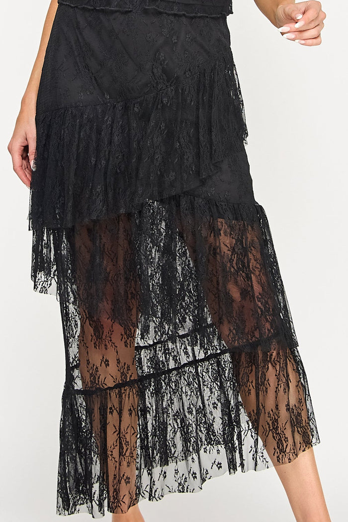 Lace Front Tie Top Tiered Ruffle Maxi Skirt Set - SALE