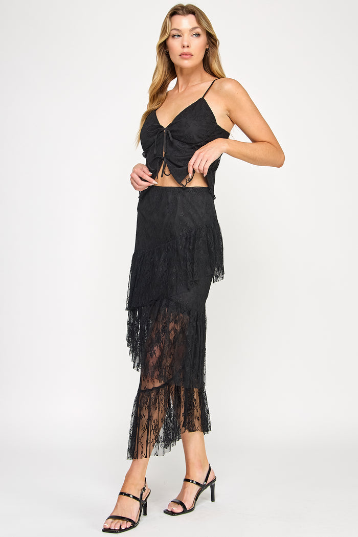 Lace Front Tie Top Tiered Ruffle Maxi Skirt Set - SALE