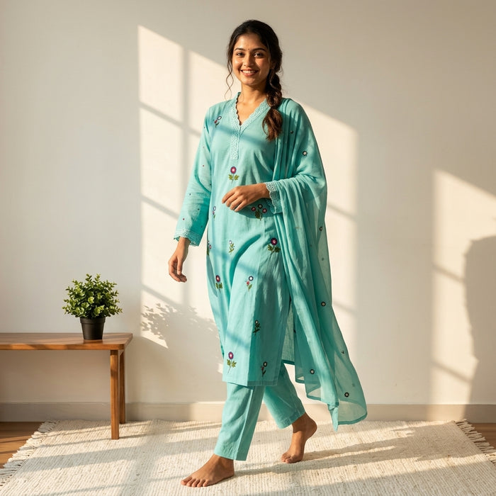 Lace neck pure cotton Ready suit set