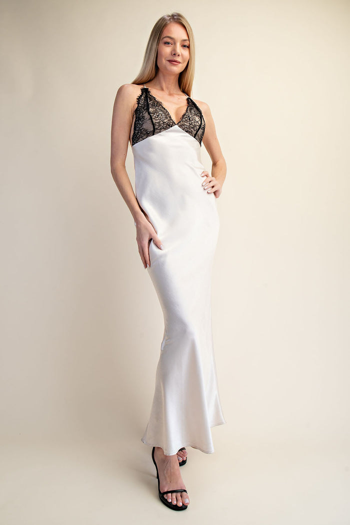 Lace Trim Satin Slip Maxi Dress - SALE
