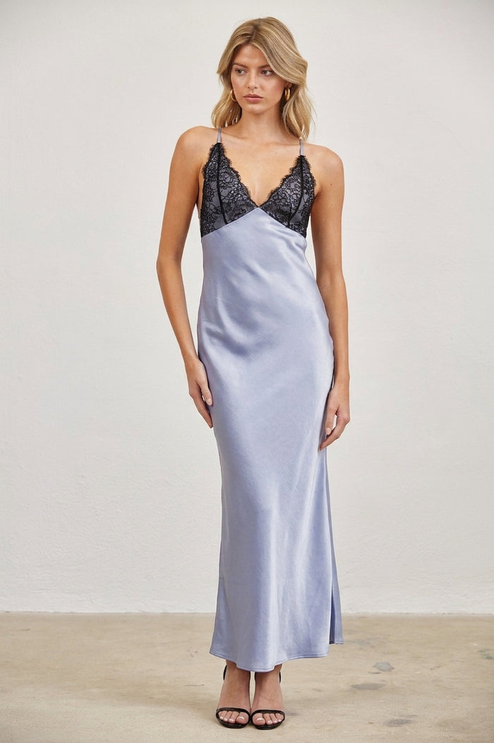 Lace Trim Satin Slip Maxi Dress