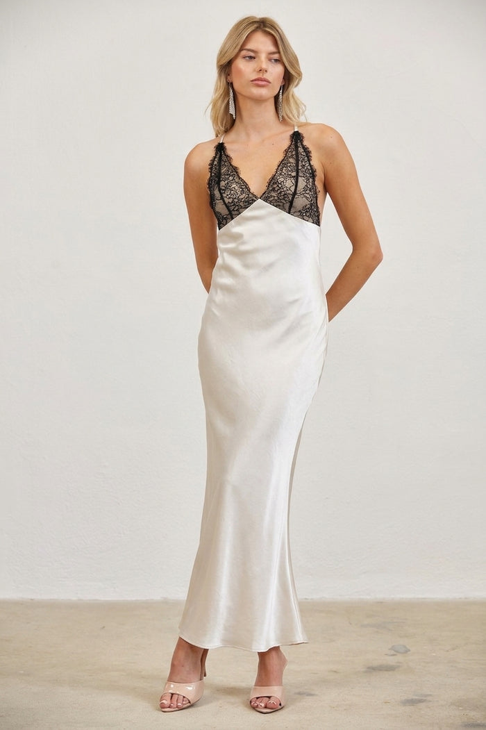 Lace Trim Satin Slip Maxi Dress