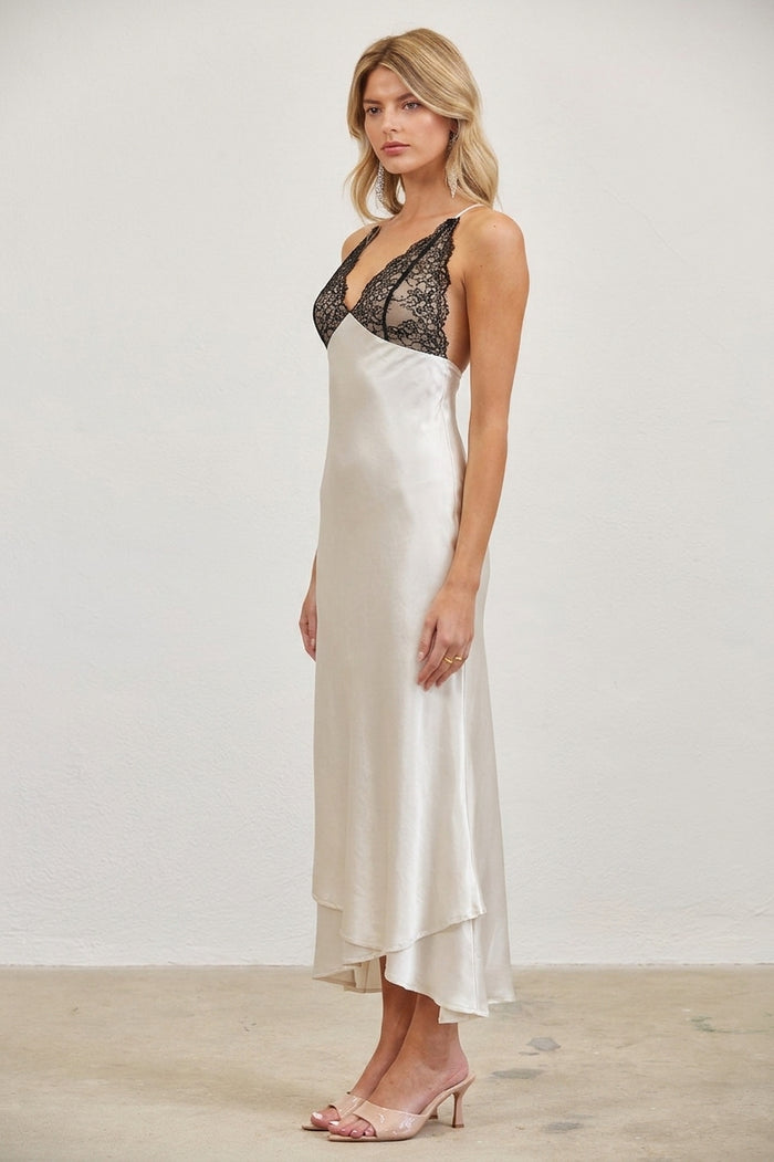 Lace Trim Satin Slip Maxi Dress