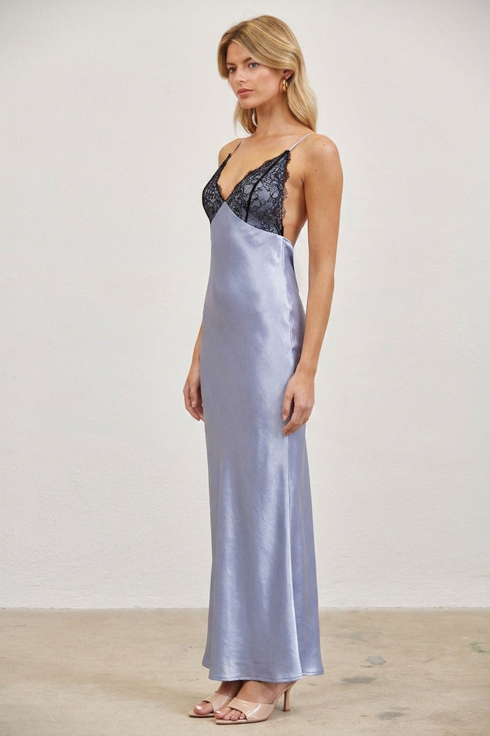 Lace Trim Satin Slip Maxi Dress