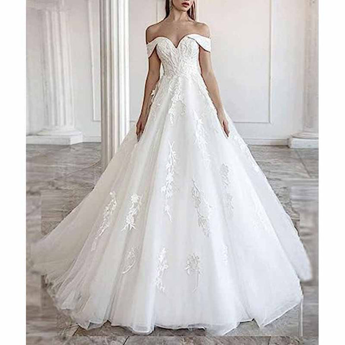 Lace Wedding Dress Ball Gown Off-The-Shoulder Court Train With Appliqued