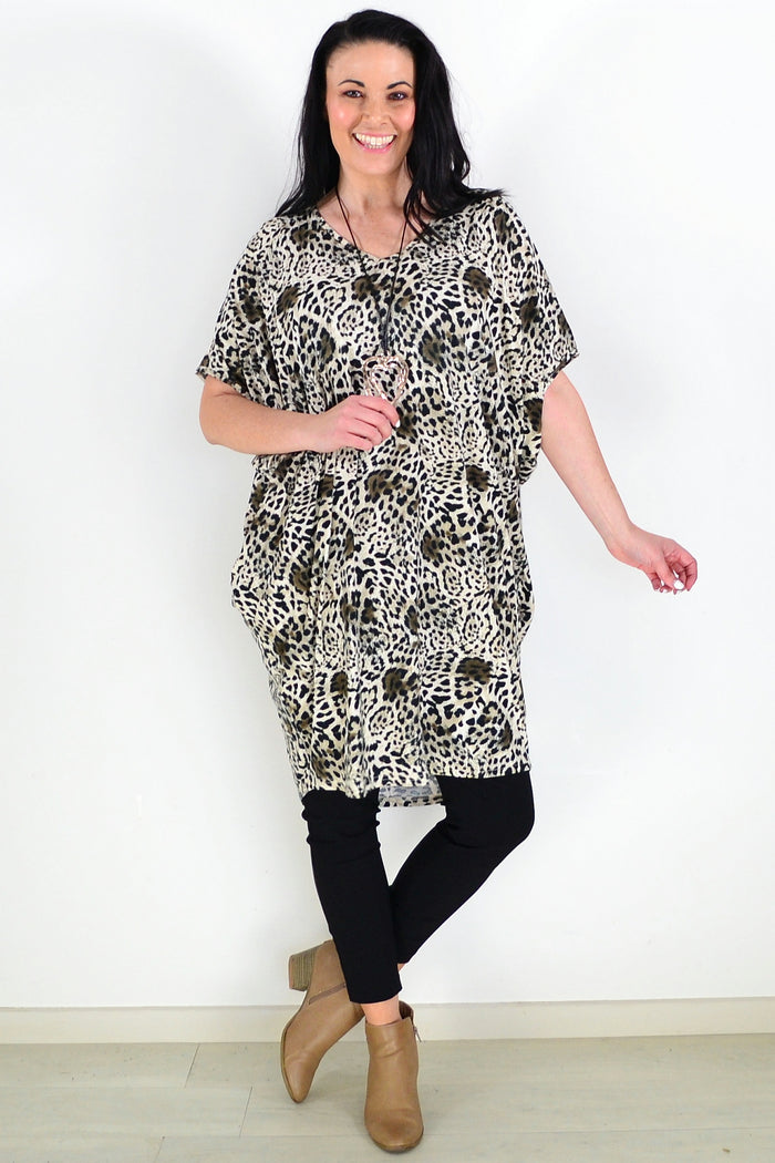 Willow Tree leopard print relaxed tunic dress, laid-back style, with soft fabric and casual fit, shown in a natural pose.