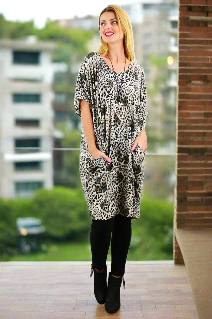 Willow Tree leopard print relaxed tunic dress, casual and comfortable, featuring a stylish leopard pattern and loose fit.