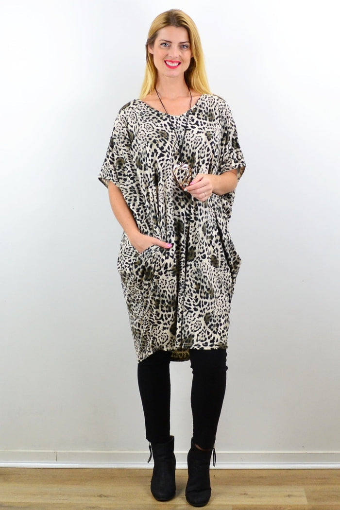 Willow Tree leopard print relaxed tunic dress with a casual fit, featuring a stylish leopard pattern and soft fabric.