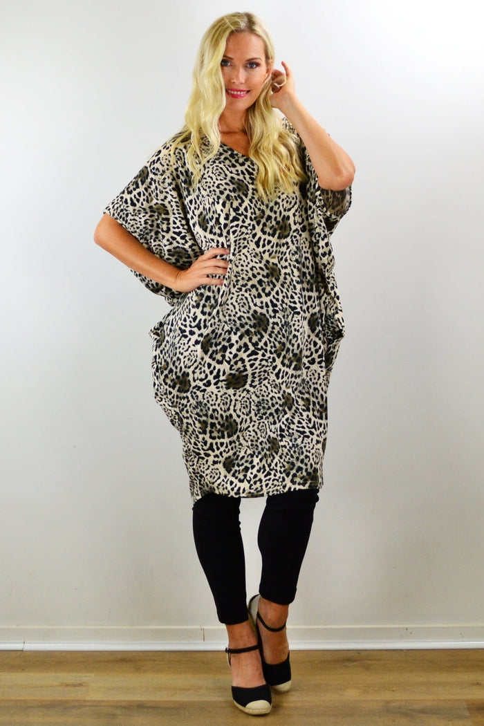 Willow Tree leopard print relaxed tunic dress, casual style with earthy tones, laid-back fit, and long sleeves.