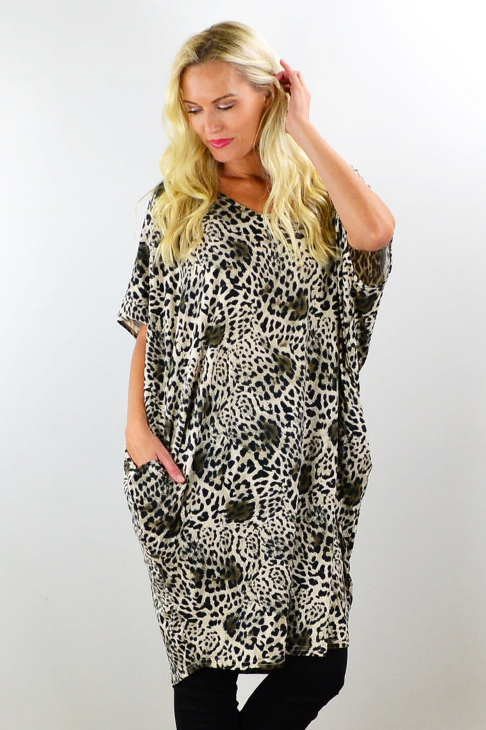Willow Tree leopard print relaxed tunic dress featuring a laid-back fit and bold animal print pattern, casual and stylish for everyday wear.