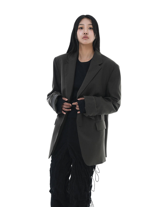 Leather Reveal Sleeve Wool Blazer_Khaki Brown