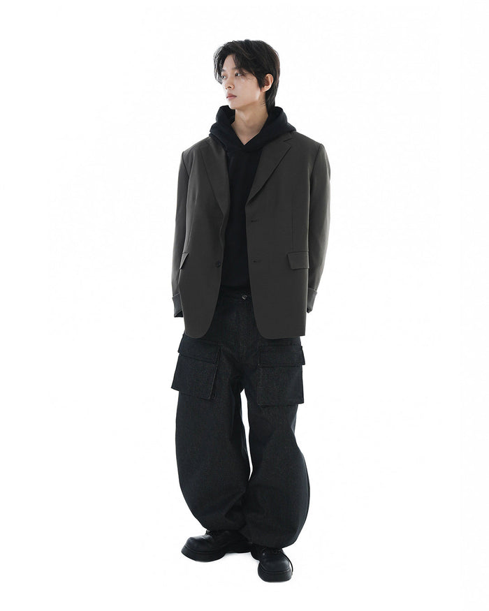 Leather Reveal Sleeve Wool Blazer_Khaki Brown