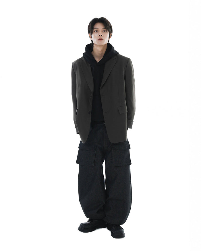 Leather Reveal Sleeve Wool Blazer_Khaki Brown