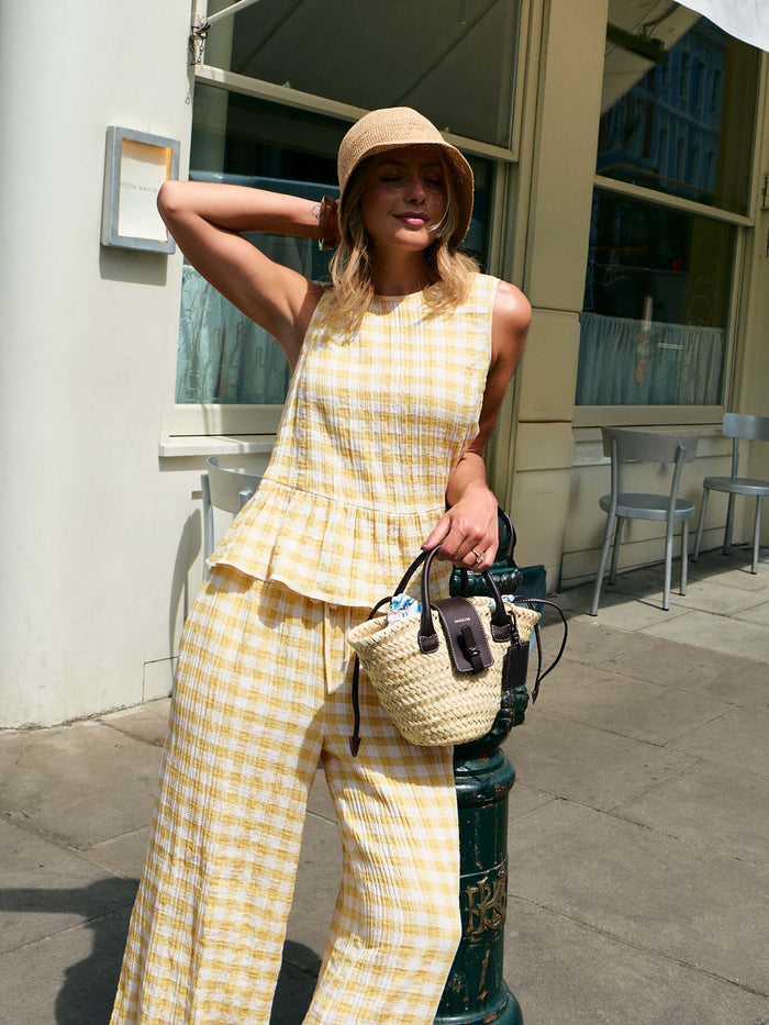 Lemon-Yellow Check Cheesecloth Peplum Top